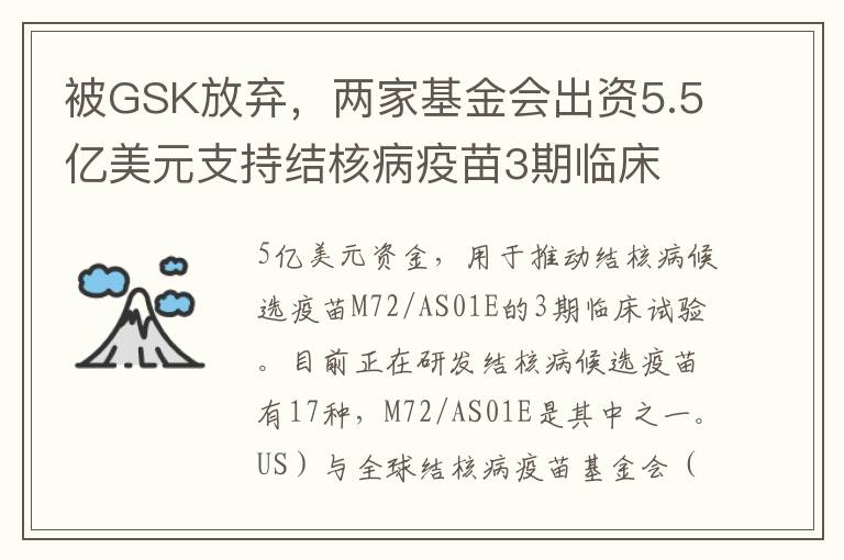 被GSK放弃，两家基金会出资5.5亿美元支持结核病疫苗3期临床